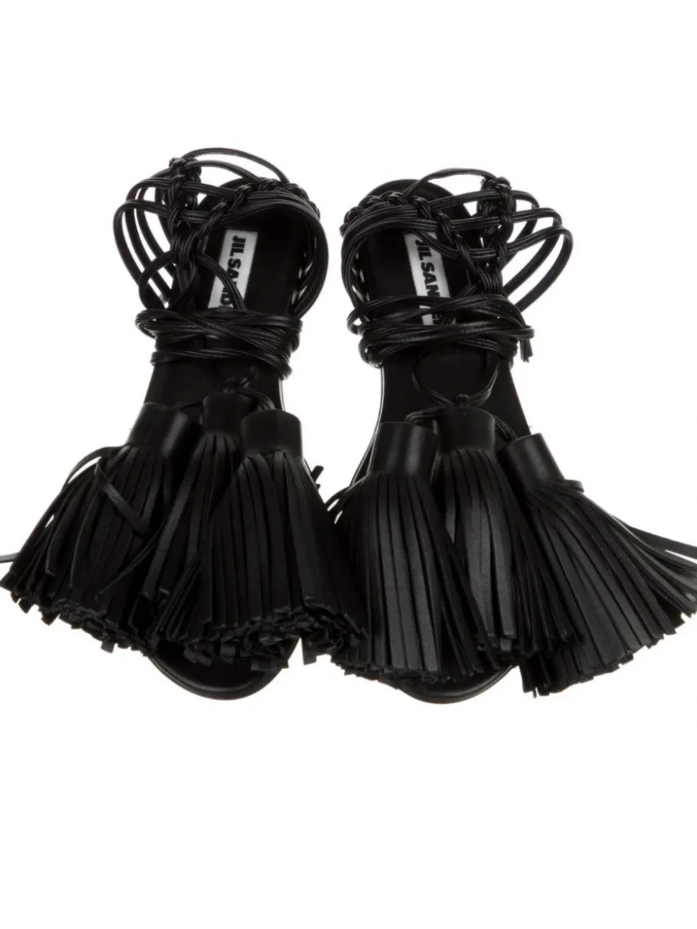 Jil Sander Black Leather Tassel Wrap Sandals - Picture 3 of 5